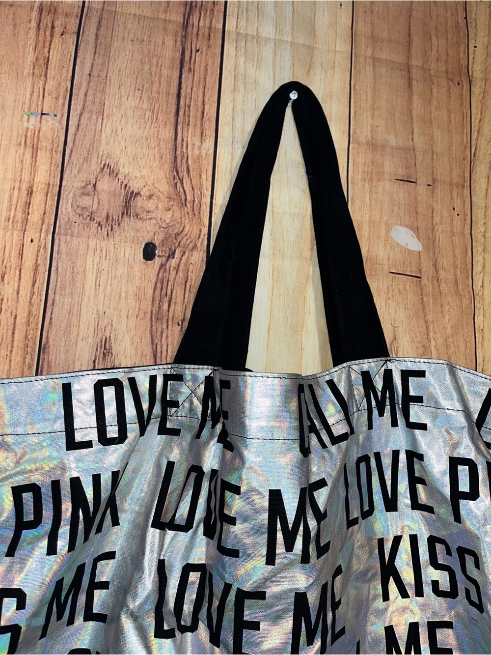 Victorias Secret Pink Holographic Kiss Me Love Me Beach Tote Book Bag - Picture 4 of 6